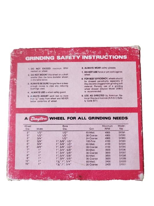 Dayton 5X591 Vitrified Grinding Wheel 6" X 3/4" X 1" 36 Coarse 5x595 Adjustable