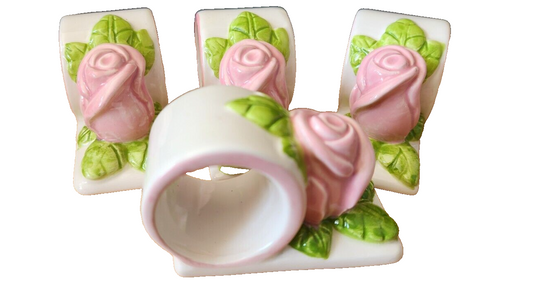 Vtg 1989 Porcelain Napkin Rings Raised Pink Roses Set 4
