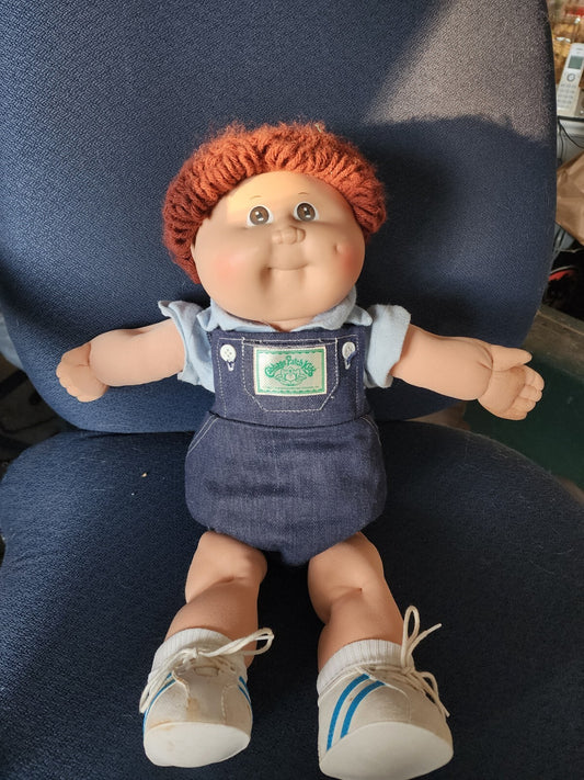 Vtg Cabbage Patch Kids Doll 1982 Boy Overalls Red Hair - 2 Outfits