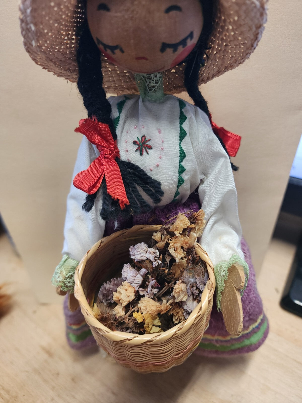 12" Vintage Wooden doll with Flower Basket