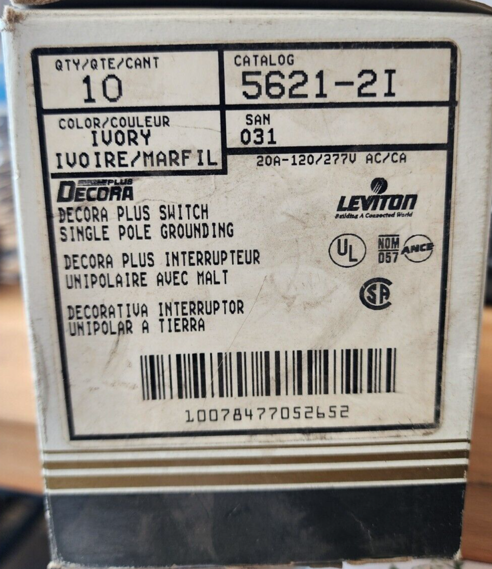 10 Leviton IVORY LIGHTED COMMERCIAL Rocker Light Switches 277V 05621-2I