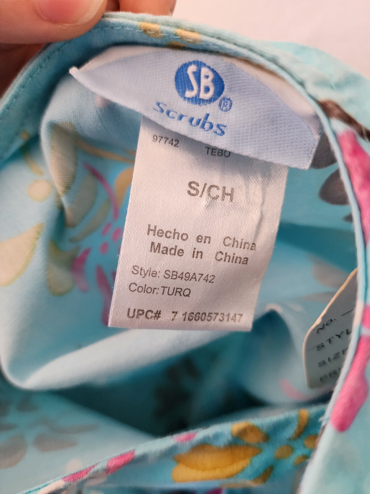 SB Scrubs Women’s Small Floral Turquoise Blue Scrub Top w/ Brown Trim w/Pants