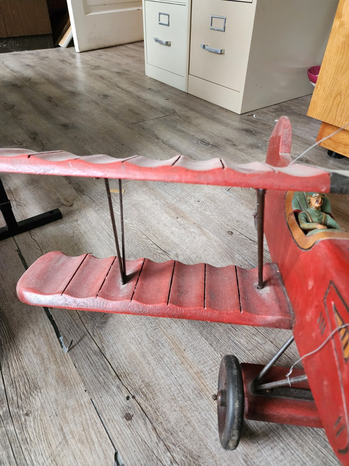 Vintage Large Red Baron Wooden Bi Plane w/ Metal Wheels