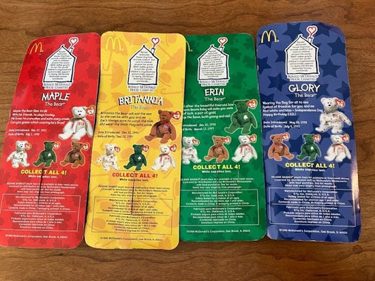 TY McDonalds Beanie Baby - Erin Maple Britannia Glory the Bear - FULL SET OF 4