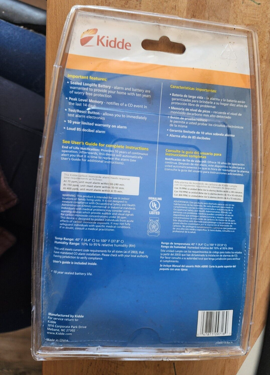 Sealed New Kidde Worry-Free Carbon Monoxide Detector Alarm 10 Year Model C3010