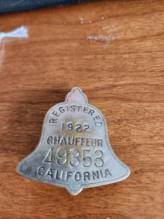 1922 Registered Chauffeur Badge California 49353 Bell Shaped