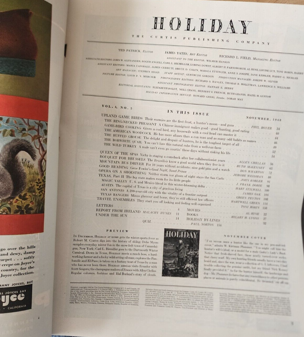 1948 NOVEMBER HOLIDAY MAGAZINE - UPLAND GAME BIRDS