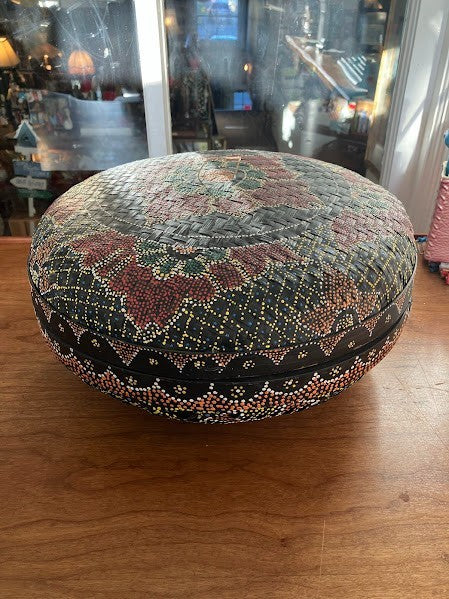 Boho Dot Art Basket - Balinese Rattan Basket/Lid Hand Woven and Painted