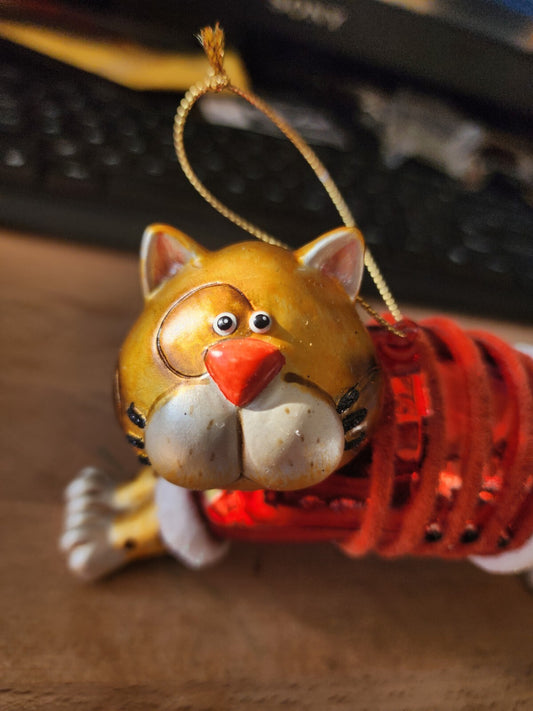 5.25" Orange Cat In Red Sweater Stretching Christmas Ornament