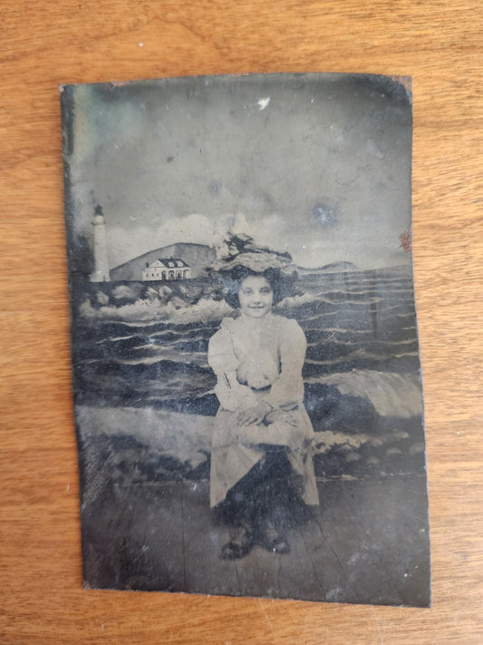 Antique Tintype Photo Portrait Girl by the Sea