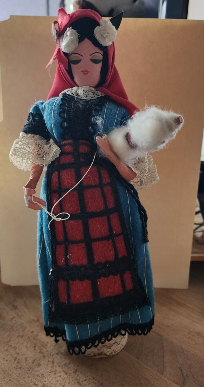 BULGARIA Doll Folk Costume Large 12" Tall Vintage Holding Yarn
