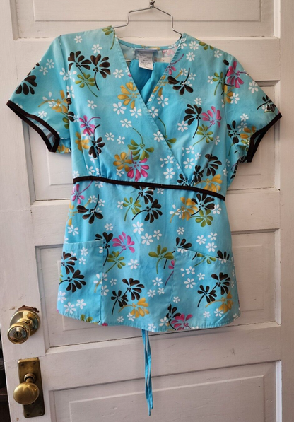 SB Scrubs Women’s Small Floral Turquoise Blue Scrub Top w/ Brown Trim w/Pants