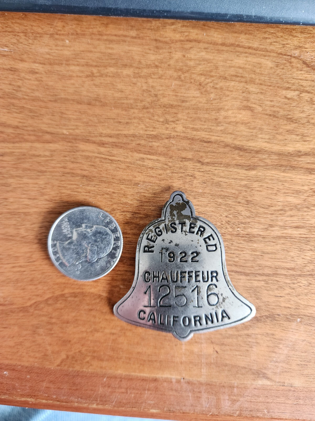 1922 Registered Chauffeur Badge California 12516Bell Shaped