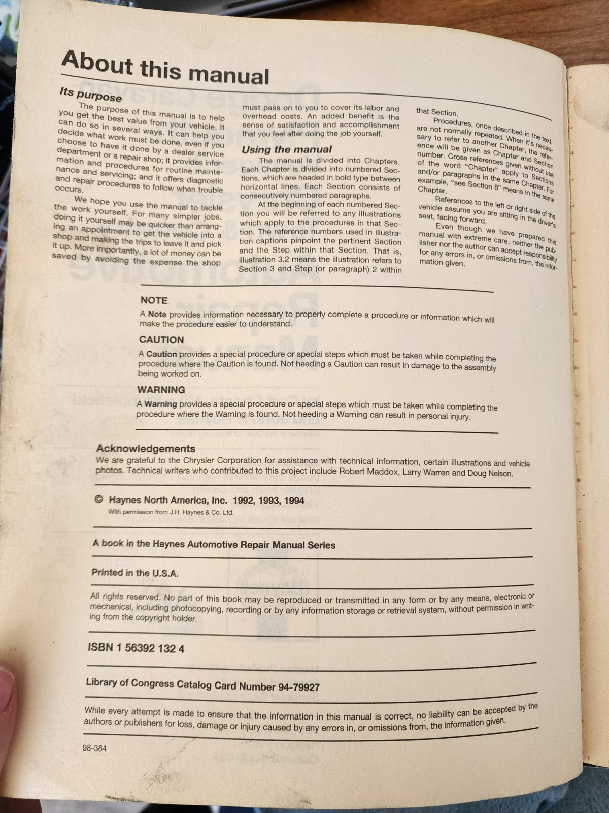 Haynes Repair Manual Dodge Caravan Plymouth Voyager Chrysler Minivans 1984-1995