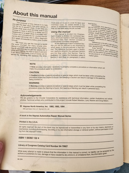 Haynes Repair Manual Dodge Caravan Plymouth Voyager Chrysler Minivans 1984-1995