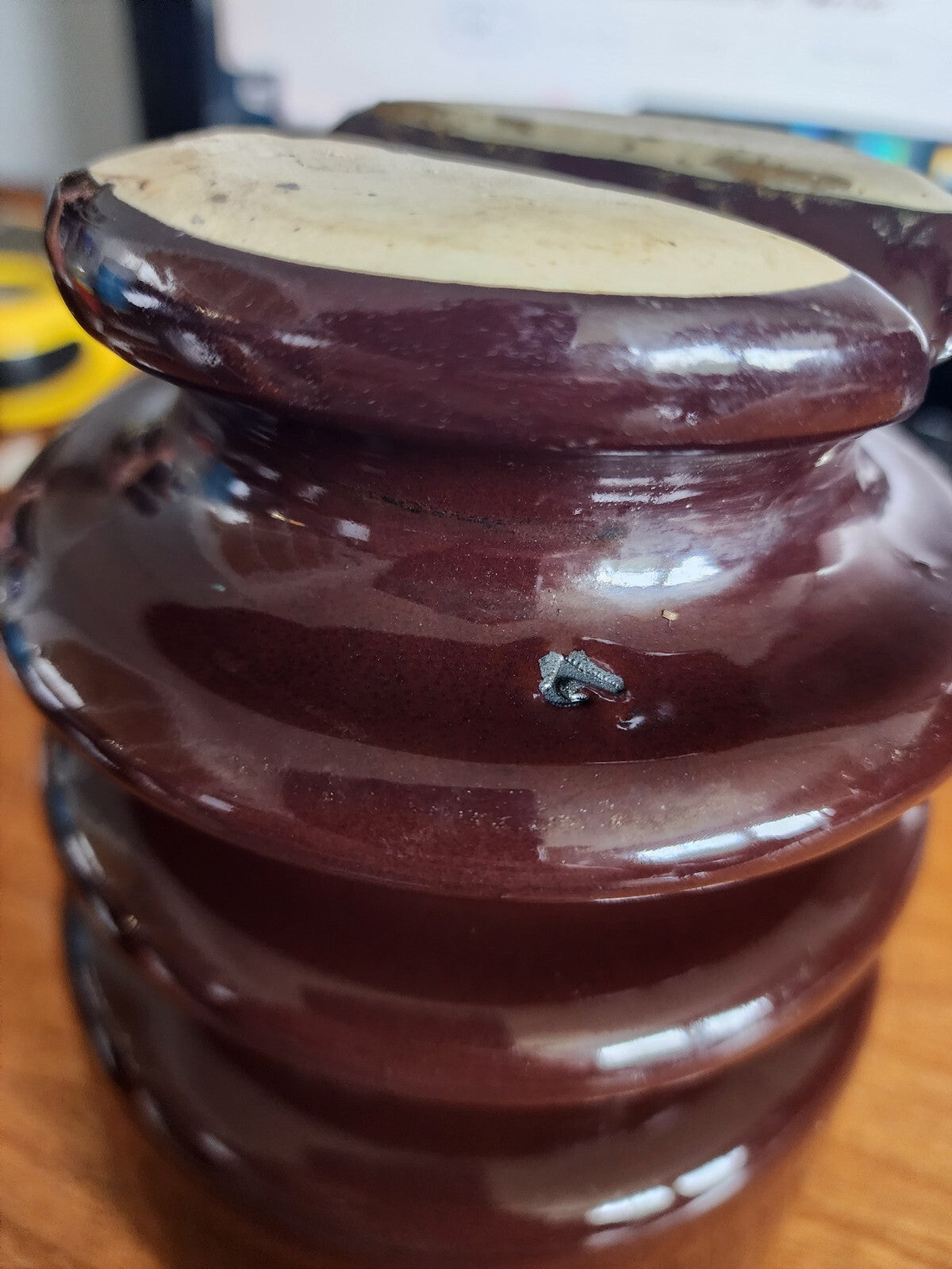 Vintage Large Telephone Insulator Brown Ceramic 6" x4.5"