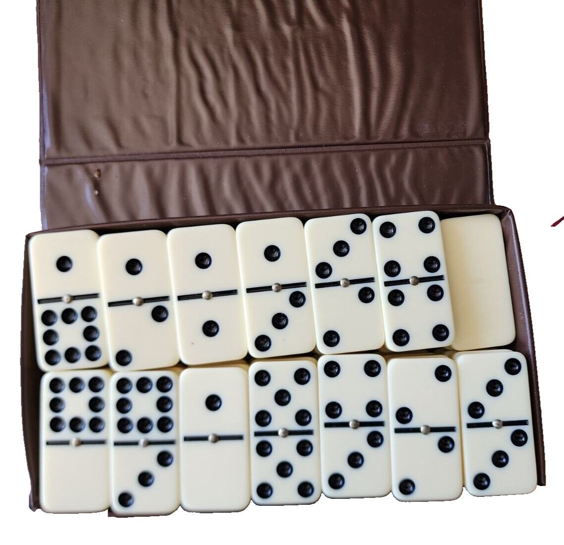 Vintage Dominoes Made in Taiwan In Brown Case 55 pieces
