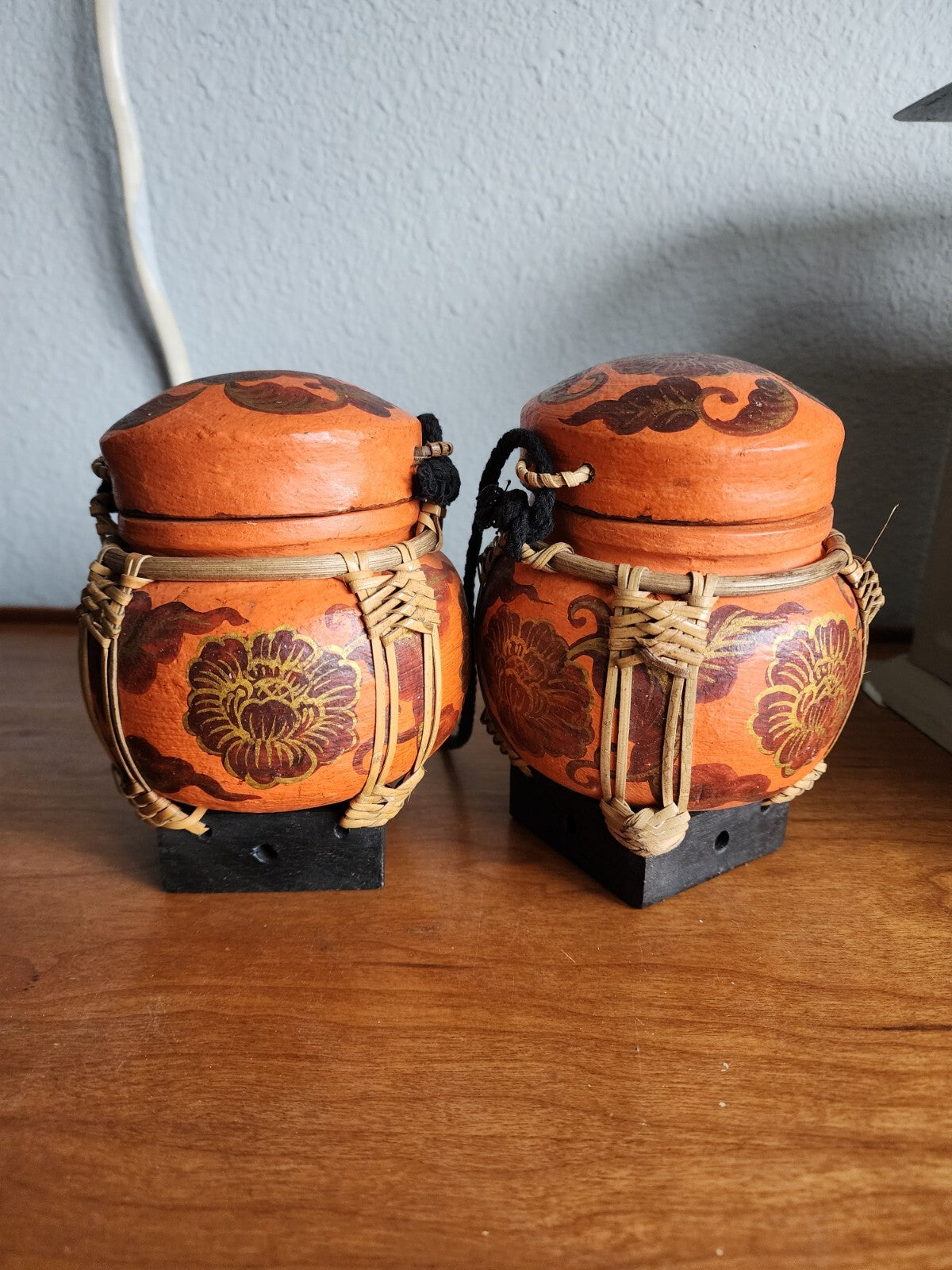 Lof of 2 Vintage Oriental Bamboo Woven Thai Hanging Rice Box