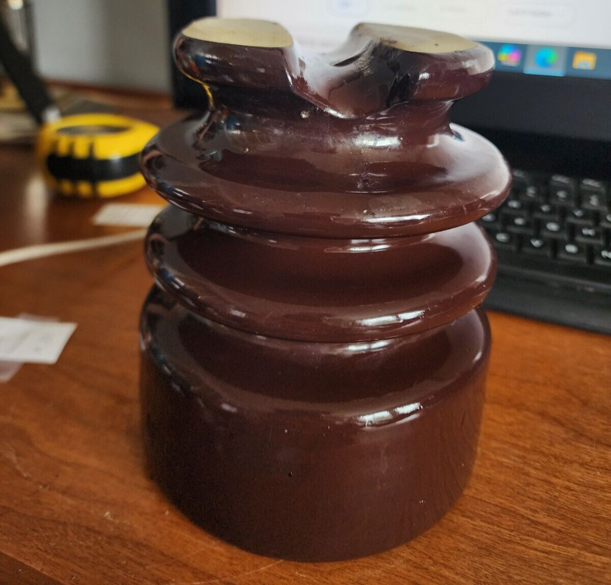 Vintage Large Telephone Insulator Brown Ceramic 6" x4.5"
