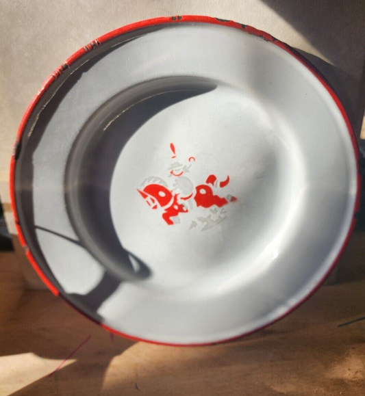 Knight on horse Plate w/ Red Trim Enamelware Plate - Made In Sweden