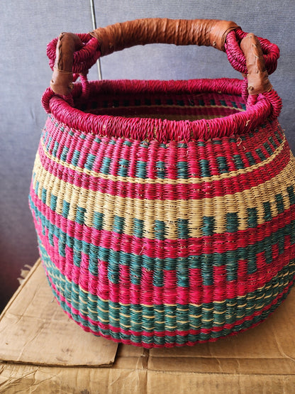 Large Woven African Market Basket Leather Handle 18" Wide x 10” Deep