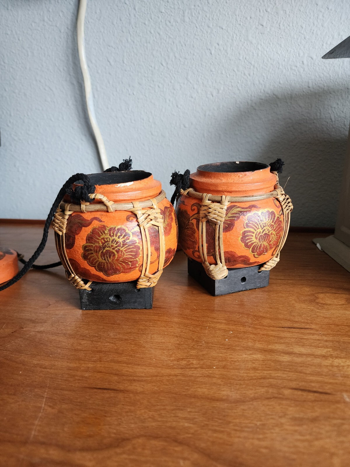 Lof of 2 Vintage Oriental Bamboo Woven Thai Hanging Rice Box