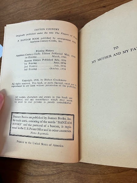 Vtg Paperback - Cotton Country (The Fingers Of Night) - Hubert Creekmore
