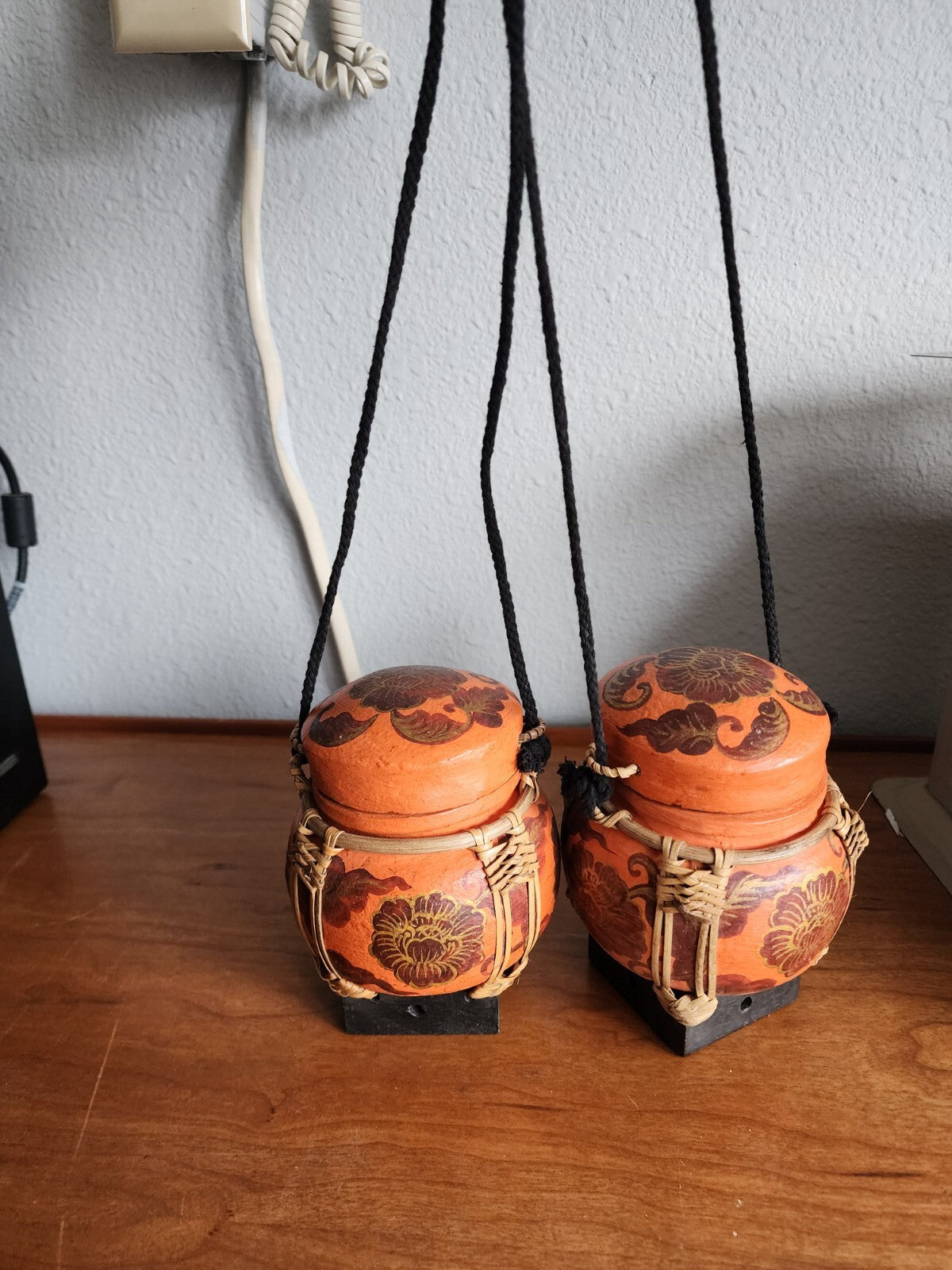 Lof of 2 Vintage Oriental Bamboo Woven Thai Hanging Rice Box