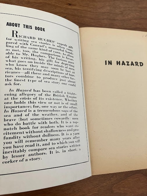 "TO WALK THE NIGHT' by William Sloane & 'IN HAZARD' by Richard Hughes - lot of 2