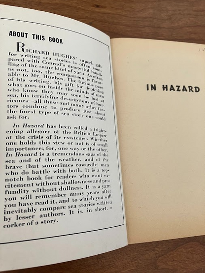 "TO WALK THE NIGHT' by William Sloane & 'IN HAZARD' by Richard Hughes - lot of 2
