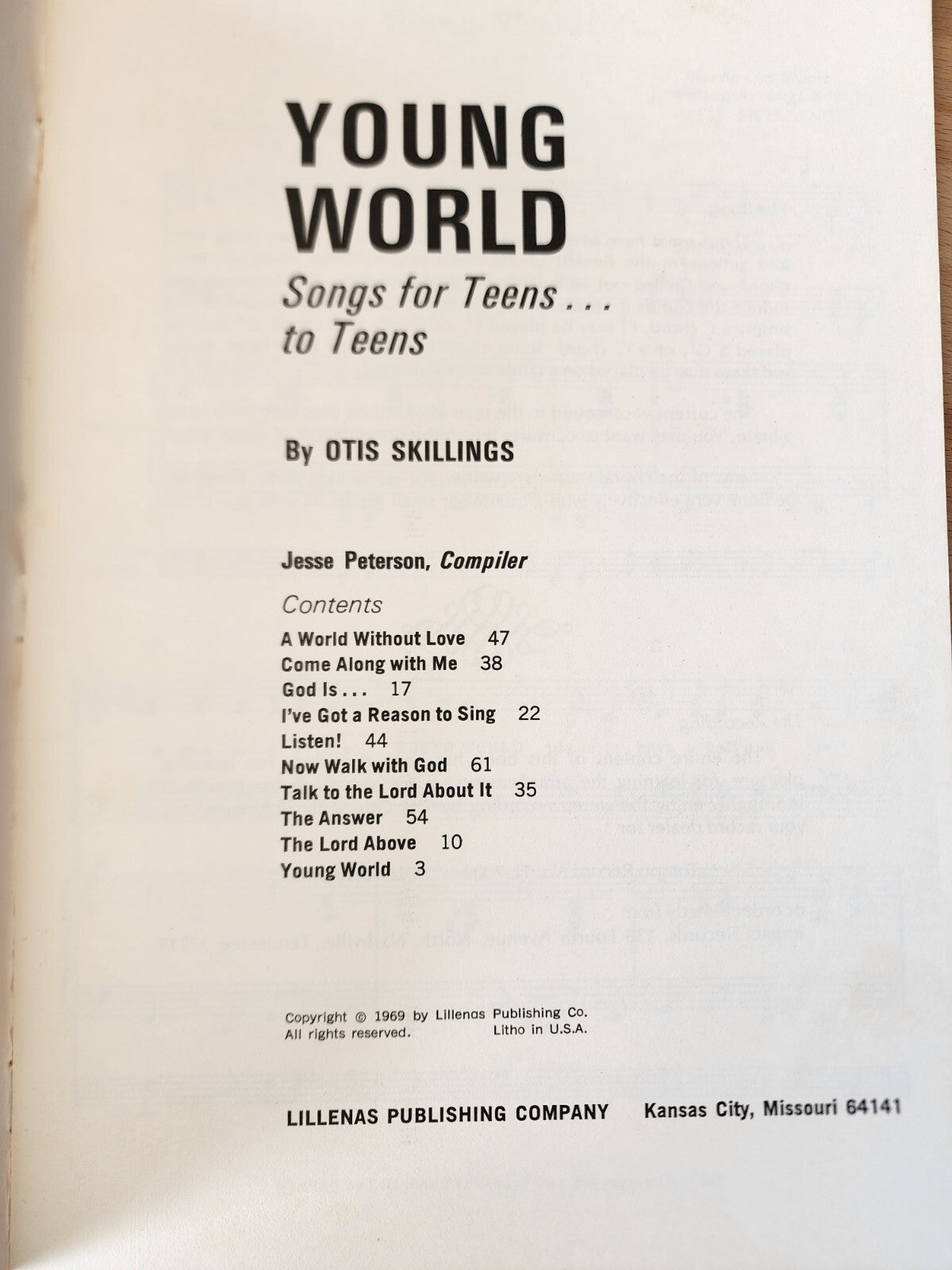 1969 Lillenas Young World Songs for Teens by Otis Skillings Song Book