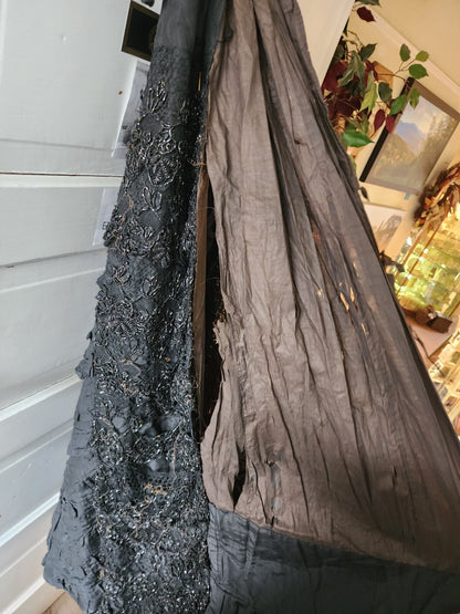 Edwardian Antique Full Long Beaded Skirt Black Silk/Taffeta