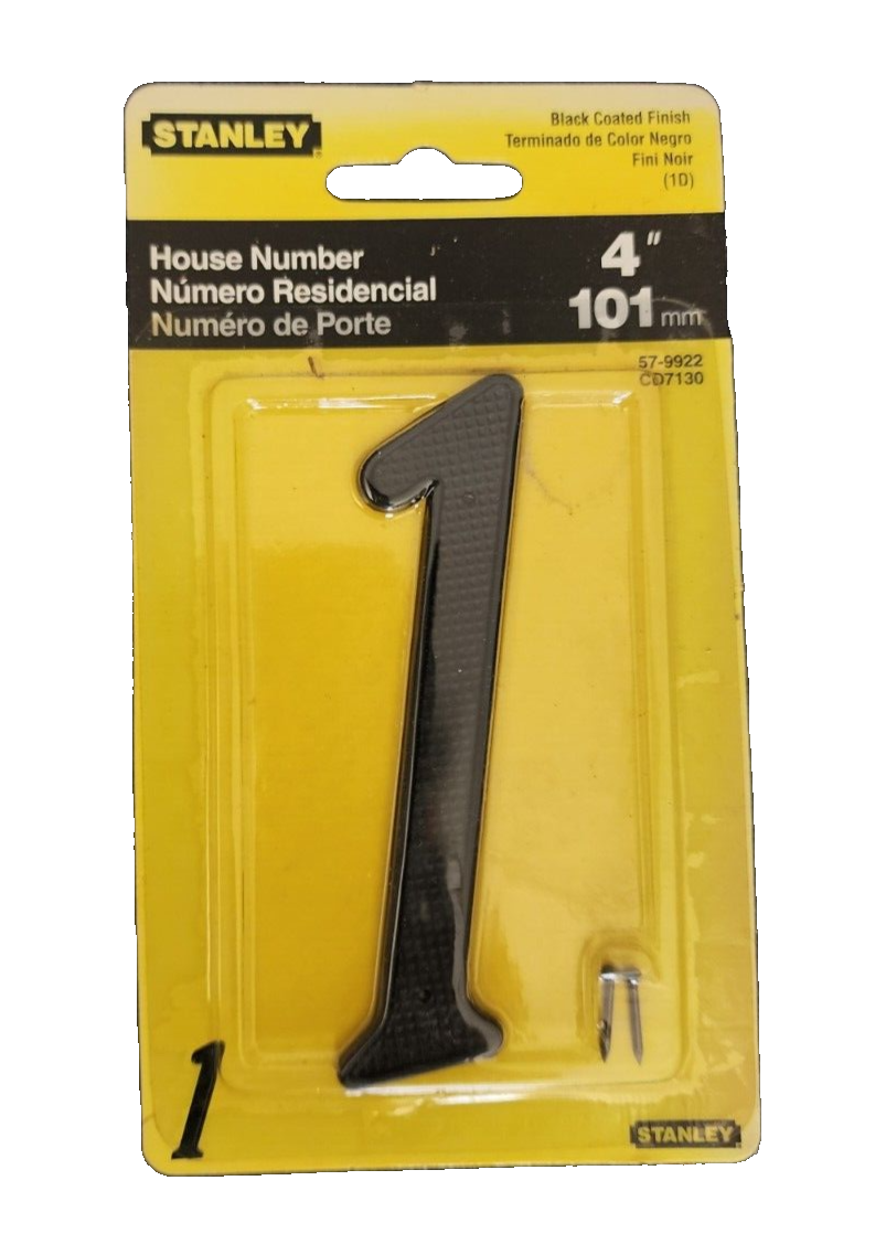STANLEY #1 HOUSE NUMBER 4" TALL BLACK COATED FINISH MATCHING BRAD NAILS
