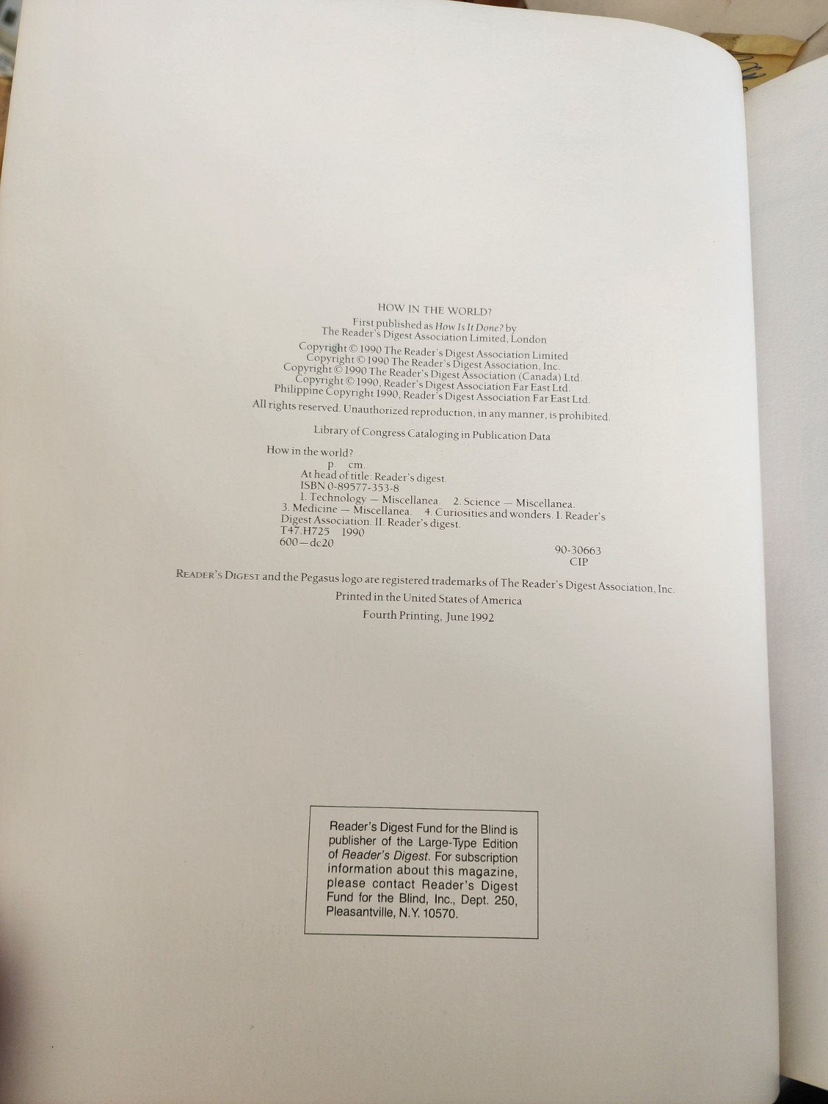 Hardcover book - How in the World? 1990 Reader's Digest