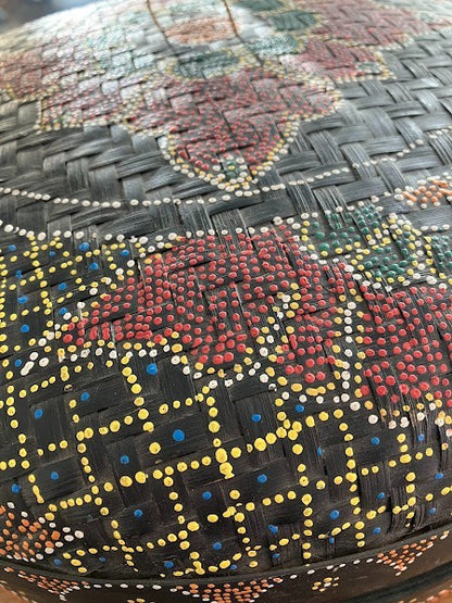 Boho Dot Art Basket - Balinese Rattan Basket/Lid Hand Woven and Painted