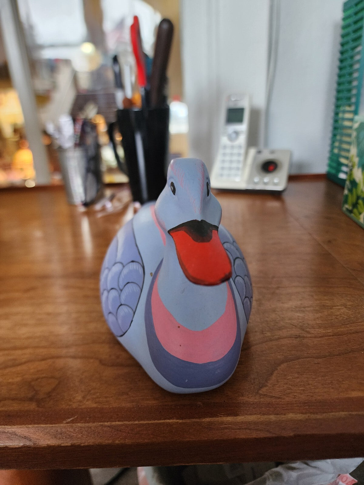 Hand Carved Wooden Duck Blue and Pink - 11"