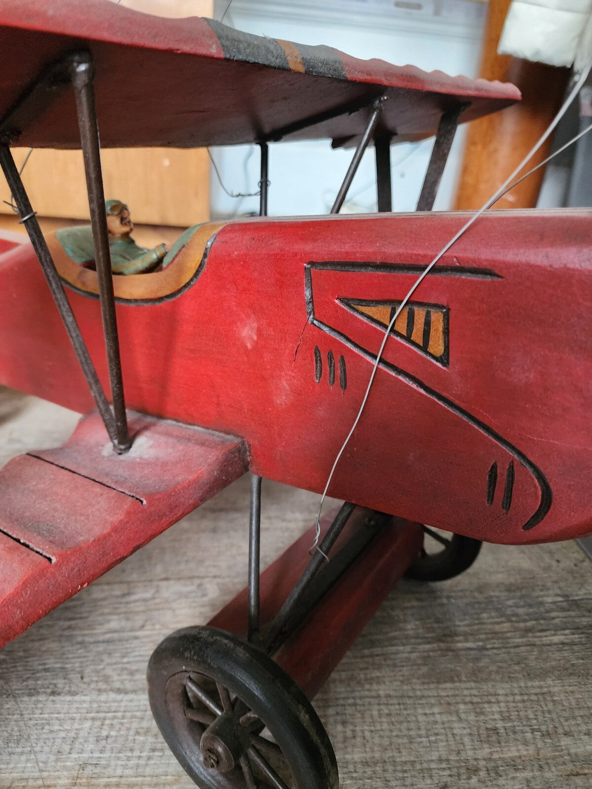 Vintage Large Red Baron Wooden Bi Plane w/ Metal Wheels