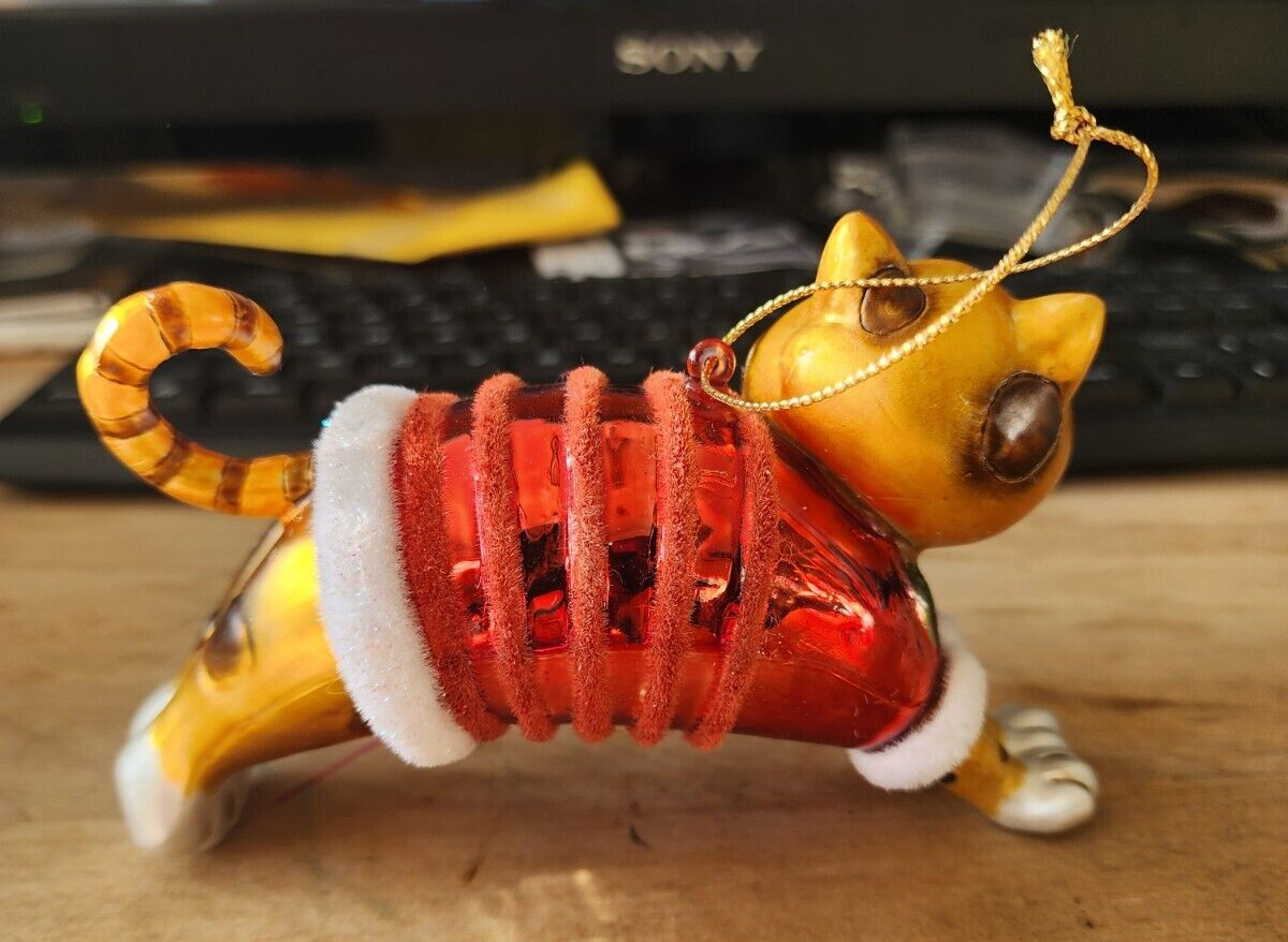 5.25" Orange Cat In Red Sweater Stretching Christmas Ornament
