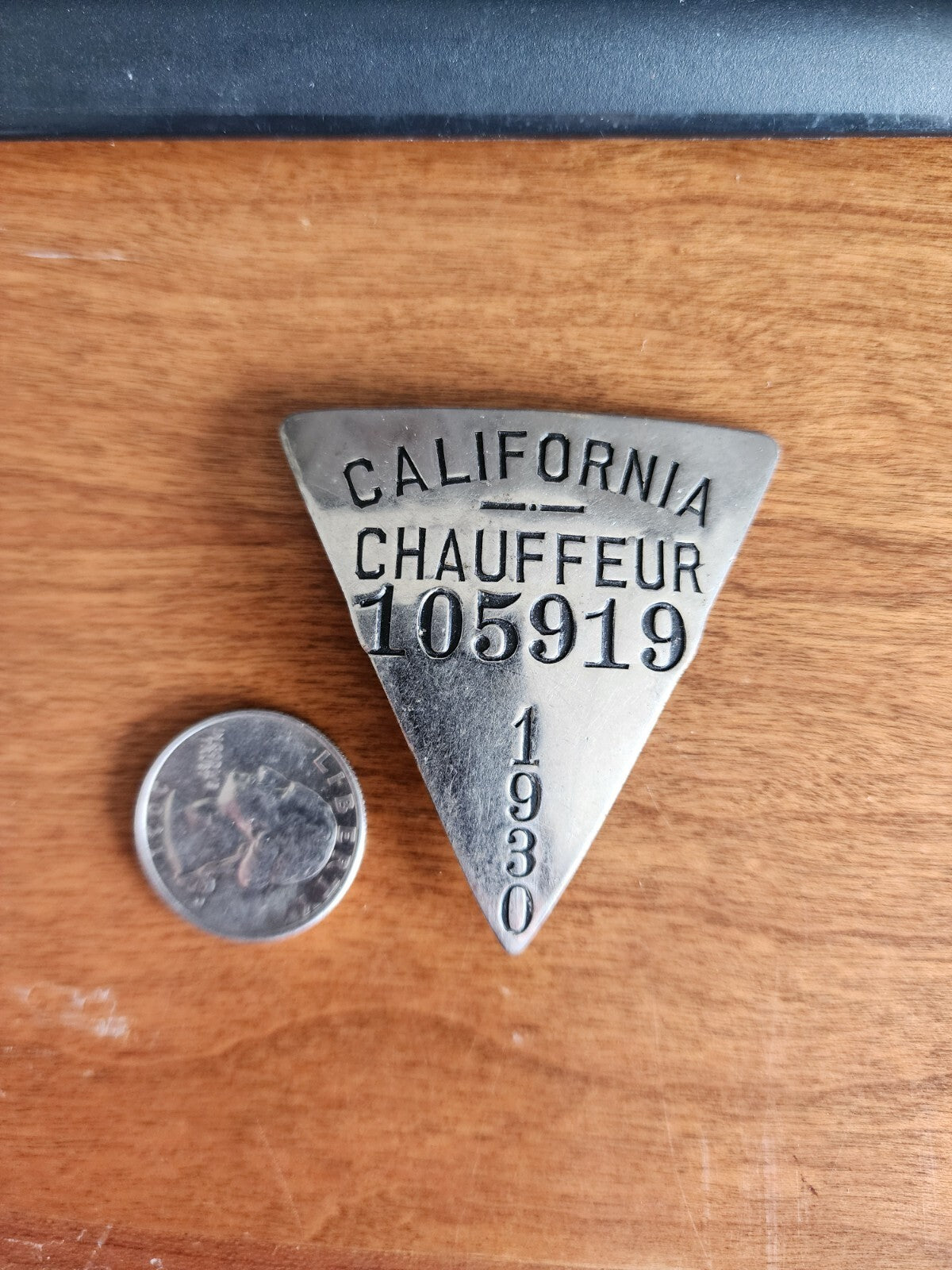 1930 California Triangle shaped Chauffeur Badge #10591 Nickle Plated