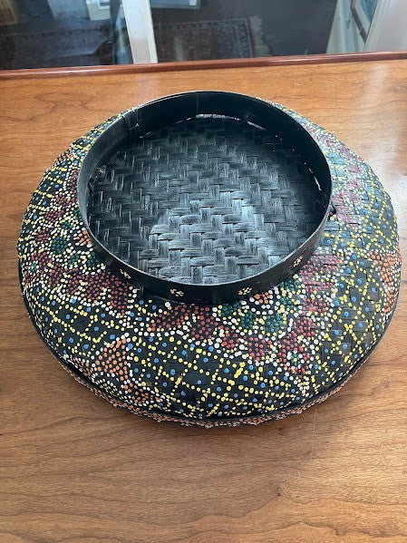 Boho Dot Art Basket - Balinese Rattan Basket/Lid Hand Woven and Painted