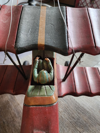 Vintage Large Red Baron Wooden Bi Plane w/ Metal Wheels