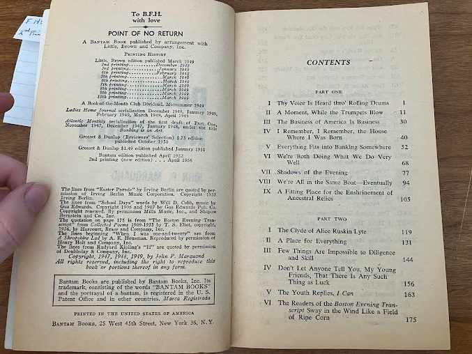 Vtg Paperback -POINT OF NO RETURN By John P. Marquand