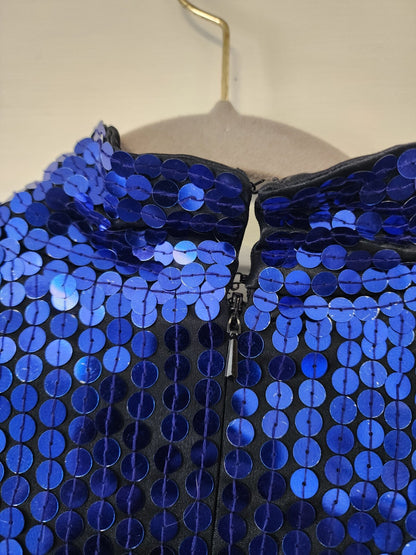 Oleg Cassini Blue Sequins - Sz 6 Vintage Dress w/ shoulder pads