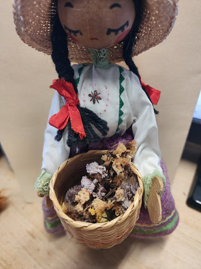 12" Vintage Wooden doll with Flower Basket