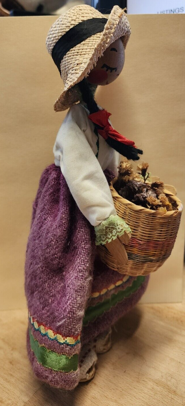 12" Vintage Wooden doll with Flower Basket