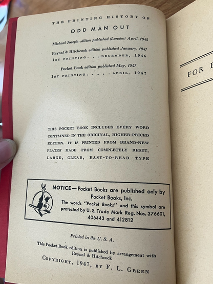 Odd Man Out, F.L. Green, 5th Printing, April 1948 Vintage Paperback