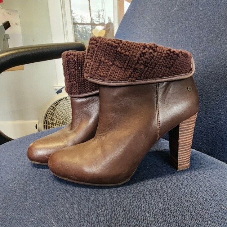 UGG Dandylion Tres Knit Cuff Lamb Lining Brown Ankle Boots Women's 8