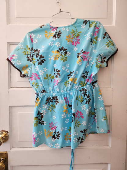 SB Scrubs Women’s Small Floral Turquoise Blue Scrub Top w/ Brown Trim w/Pants