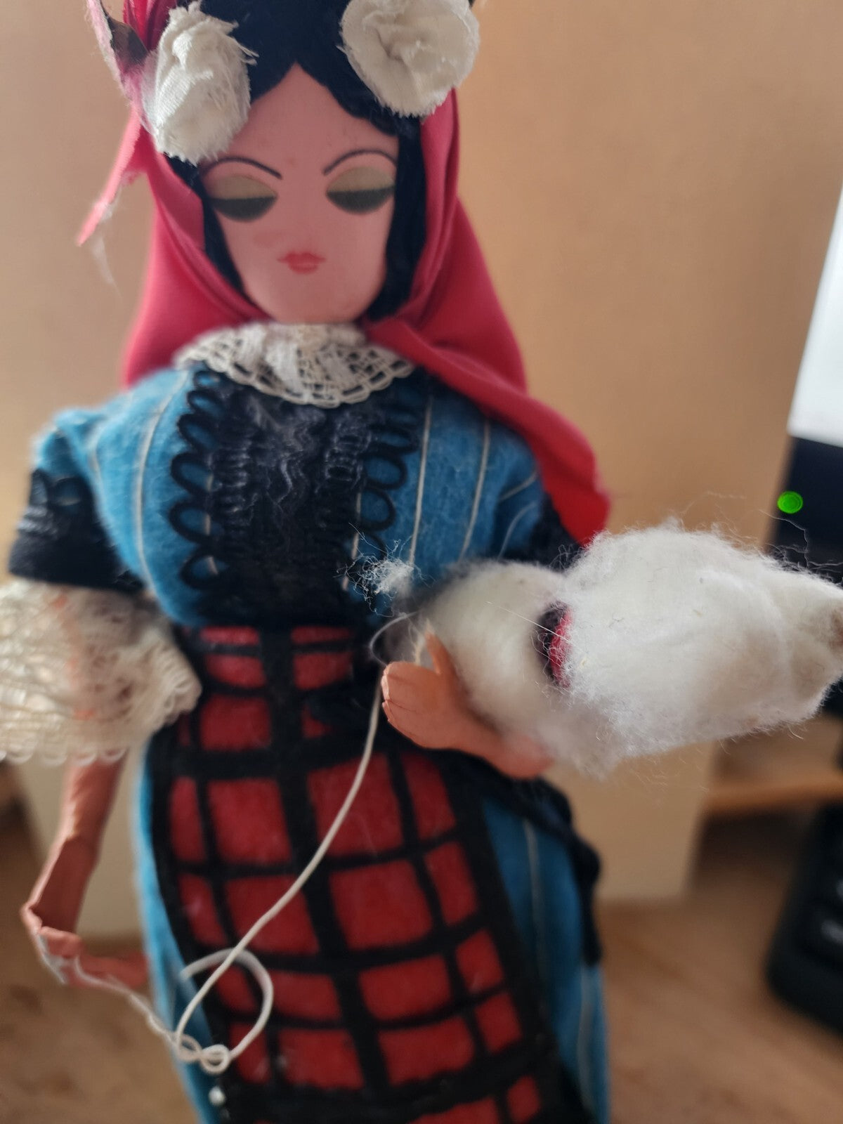 BULGARIA Doll Folk Costume Large 12" Tall Vintage Holding Yarn