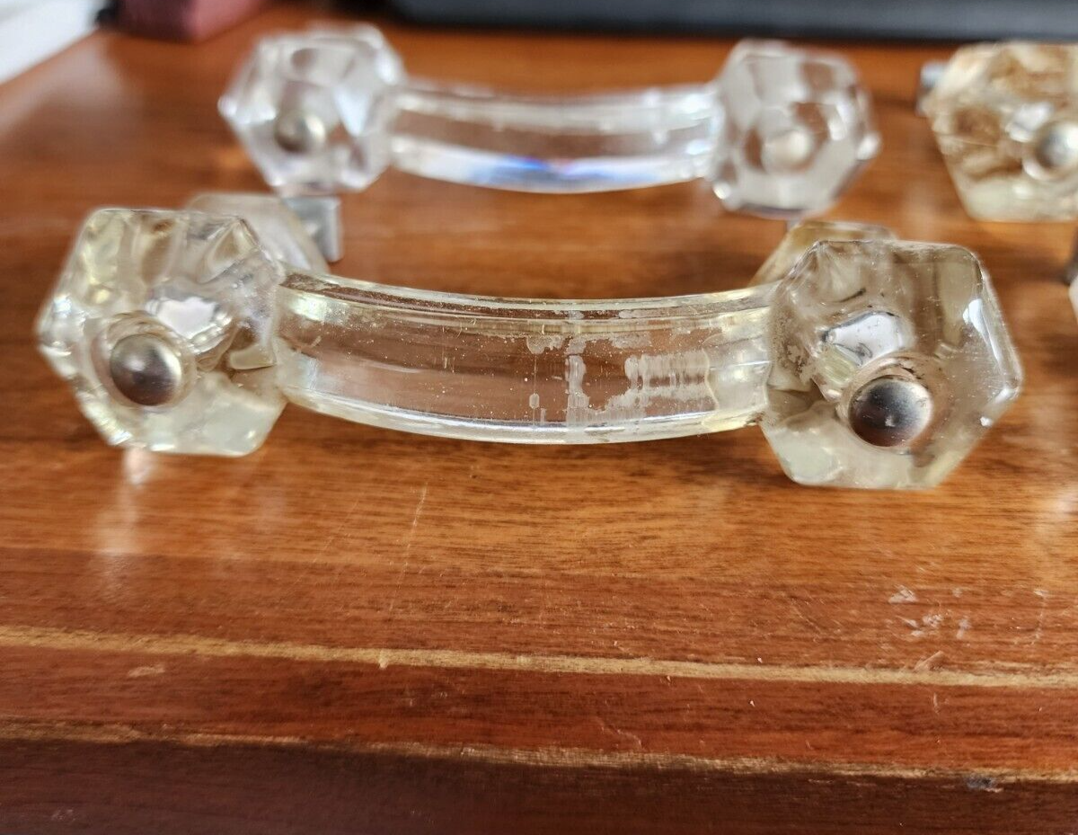 7 Vintage 6-sid Small Glass 4" Handles Pull Hardware